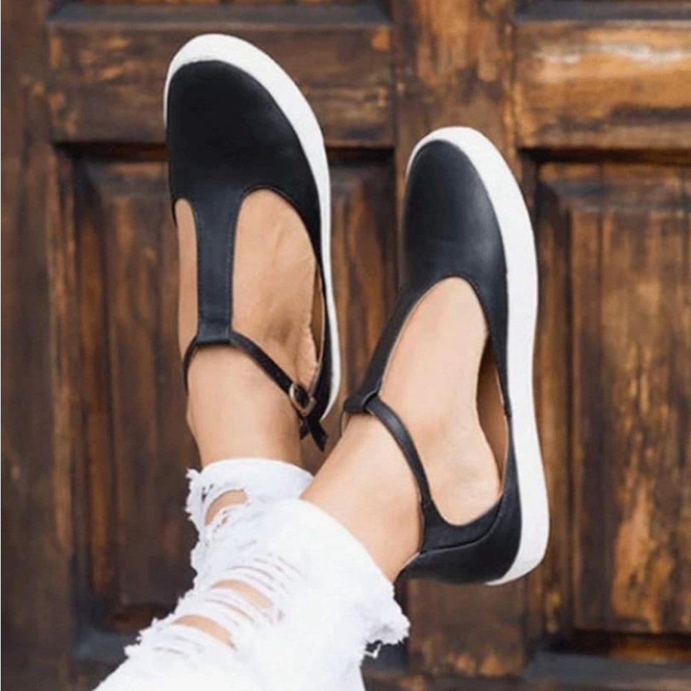 Women's Black T-Strap Casual Flats with White Sole